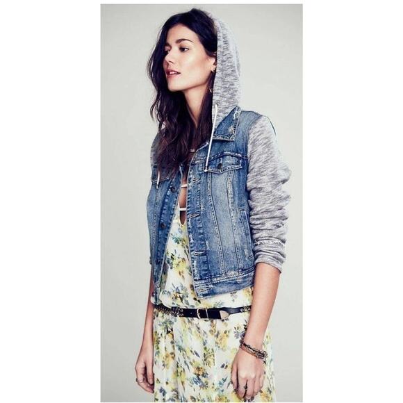 Free People Distressed Denim & Knit Sweater HOODIE Jacket S French Terry Gray - Picture 1 of 9